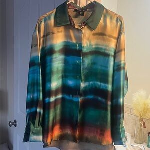 Bailey 44 Teal, Amber & Rust Silk Button-Front Blouse